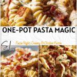 One-pot chicken bacon ranch pasta with creamy sauce and crispy bacon pieces served hot. 2